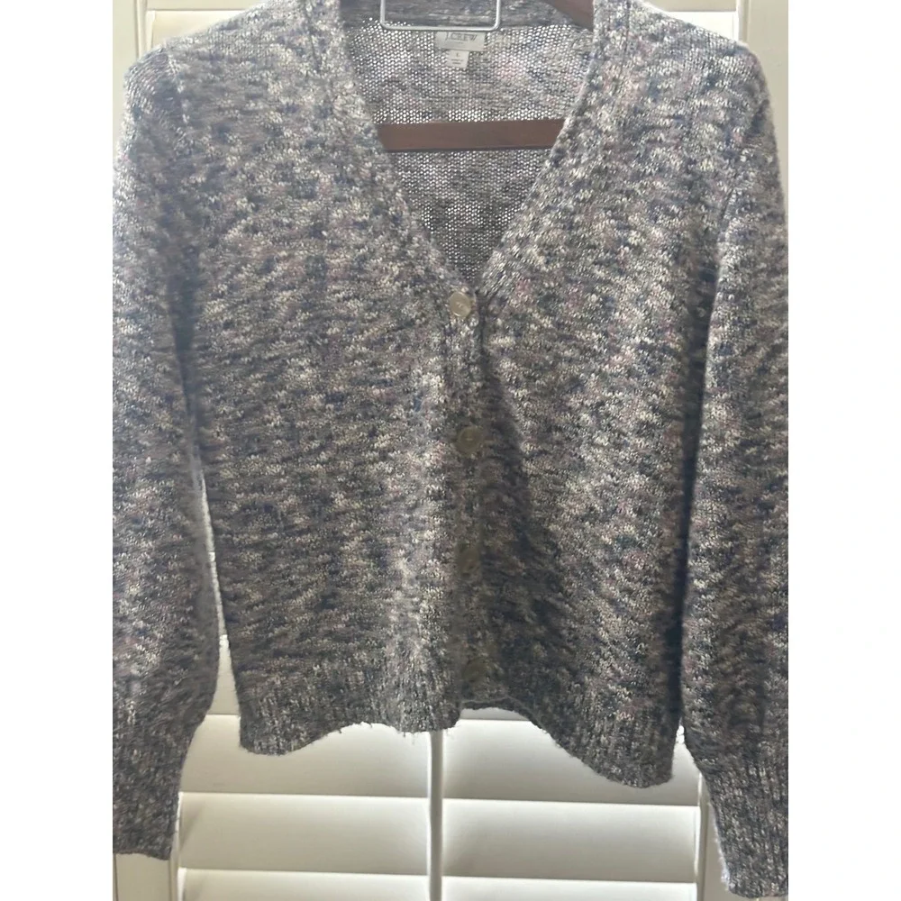 J.Crew Space Dye Cardigan Sweater‎ Blue Purple Marled Knit V-Neck Womens Large